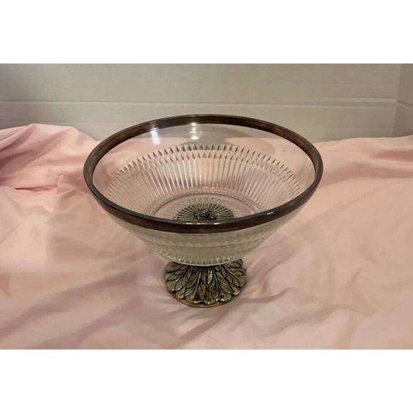 Vintage Pedestal Glass Fruit Bowl with Metal Rim and Base - Picture 2 of 5